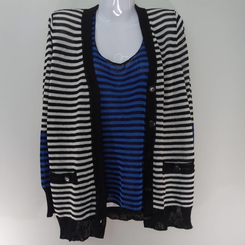 Sportsworks Studio Womens Sweater Set Black White Striped Knit M